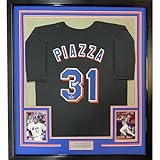 Framed Facsimile Autographed Mike Piazza 35x39 New York Black Reprint Laser Auto Baseball Jersey