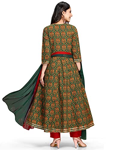 Rajnandini Women's Pure Cotton Embroidered A-Line Anarkali Kurta Set with Dupatta (Ready to Wear; Green and Red;-P)2