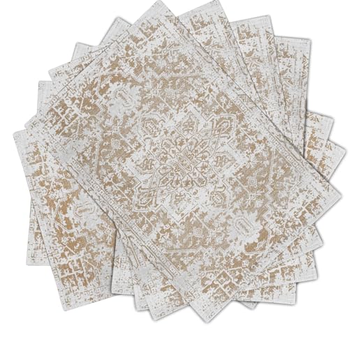 Image of Gray Khaki Boho Placemats Set of 6 Ethnic Bohemian Carpet Place Mats Washable Kitchen Dining Vintage Grey Geography Floral Linen Table Mats Stain Heat-Resistant for Home Party Indoor 12x18 in