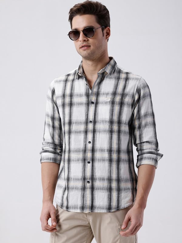 Image of CROCODILE Men Checkered Cotton Casual Shirt | Comfort Fit | Full Sleeve | Button Down White