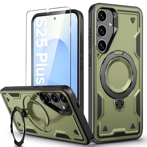Image of for Samsung Galaxy S25 Plus Case Magnetic with Stand, with Mag-Safe, with Screen Protector, Wireless Charging, Shockproof for Samsung S25 Plus 5G Phone Case, Ring Holder Cover Green