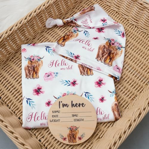 Image of Ylsteed Baby Highland Cow Swaddle Blanket and Headband Set, Newborn Receiving Blanket Swaddle Wrap for Girls and Boys, Swaddling Blankets Neutral for Newborn 32 * 32 in (Highland Cow Pink)
