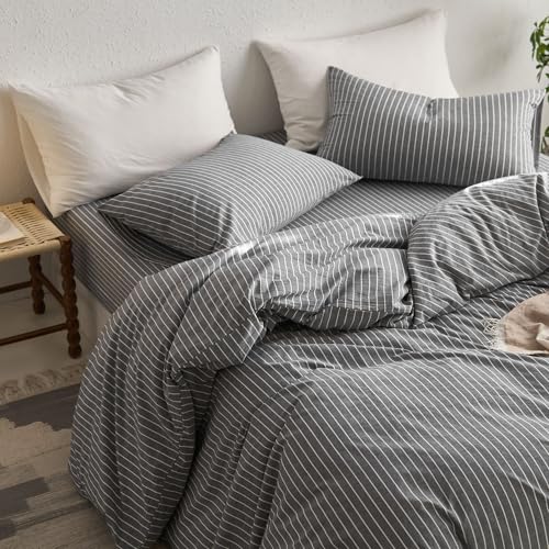 Image of MooMee Striped Duvet Cover Set 100% Washed Cotton Linen Like King | Relaxed Linen-like Texture. Soft, Breathable & Long-lasting Comfort. Lightweight. Hidden Zipper with 8 Interior Corner Ties