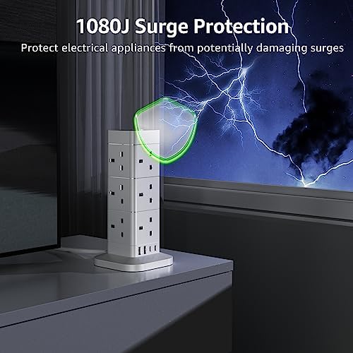 Tower Extension Lead with USB Slots, Hotimy 12 Way Extension Tower Surge Protection with 4 USB Slots (2 Type C & 2 USB A) Multi Plug Tower Power Strip 3250W 13A Extension Cord 2M for Phone,Tablet, TV