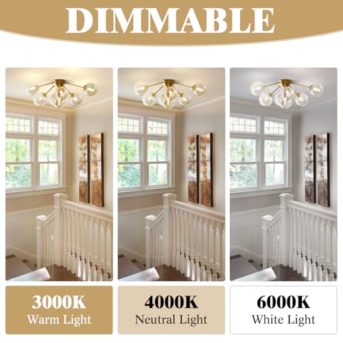 Image of KCO Lighting 7-Lights Mid Century Modern Flush Mount Ceiling Light Overhead Amber Glass Globe Sputnik Chandelier Ceiling Light Fixture Brass Gold Bedroom Living Room Ceiling Lighting