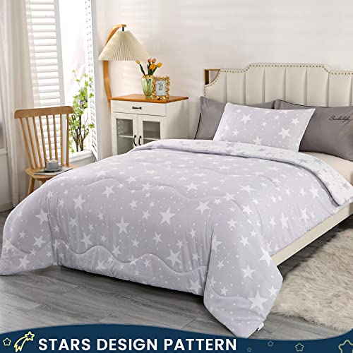 Qucover Star Comforter Set Twin 2-Piece Reversible Grey & White Star Pattern Bedding Comforter Set For Boys, Girls, Teen, Super Soft Warm Winter Thick Comforter With Pillowcase 68X88 In #TOP1