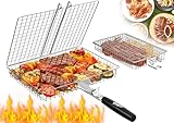 Grillkorb Edelstahl, 2 Stück in Groß und Klein, Fisch Grillhalter mit 1 Abnehmbarem Holzgriff, Camping, Kochen, Grillzubehör für Fleisch, Fisch, Gemüse, Geschenke für Männer, Vater, Ehemann