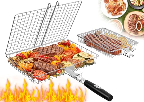 Grillkorb Edelstahl, 2 Stück in Groß und Klein, Fisch Grillhalter mit 1 Abnehmbarem Holzgriff, Camping, Kochen, Grillzubehör für Fleisch, Fisch, Gemüse, Geschenke für Männer, Vater, Ehemann