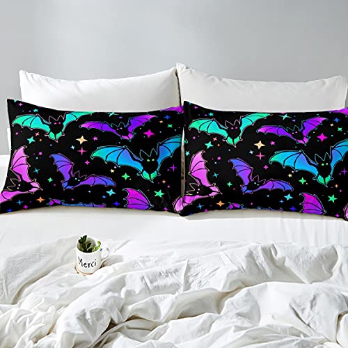 Erosebridal Halloween Bat Bedding Set Queen Size Glitter Stars Galaxy Comforter Cover For Kids Child, Cartoon Gothic Bats Duvet Cover Halloween Home Decor Teal Blue Green Purple #TOP4
