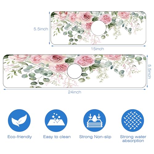 Faucet Mat for Kitchen Sink Watercolor Floral Pink Flowers Sink Splash Guard Behind Faucet Soft Diatom Mud Material Non-slip Easy to Clean for Bathroom & Kitchen 24"X5.5" by YNXTYB - Image 2