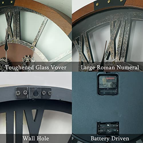 Topptik 24 Inch Moving Gear Wall Clock, Oversized Wall Clocks, Clock Living Room Decor, Solid Wood Frame, Battery Operated, Large Wall Clock With Steampunk Industrial For Fireplace(Machilus) #TOP4