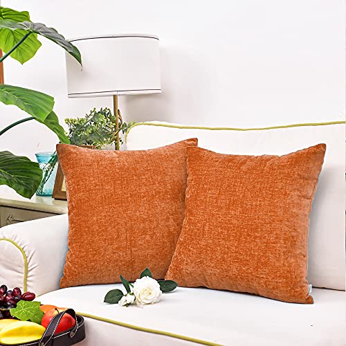 Image of CaliTime Pack of 2 Cozy Throw Pillow Covers Cases for Couch Sofa Home Decoration Solid Dyed Soft Chenille 12 X 12 Inches Burnt Orange
