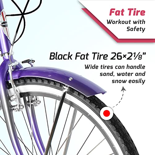 TRACER TAHA Beach Cruiser Bike for Women,26 Inch Wheels,Hi Ten Steel Frame,Shimano 7 Speed,Disc Brake,Hybrid Bike for Adults,Complete Cruiser Bikes,Purple - Thumbnail 2