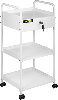 VEVOR Lab Cart, 3 Tiers Lab Trolley, Steel Lab Utility Cart, 360° Rolling Lab Cart, Locking Drawer Stainless Steel Lab Cart, Iron Frame Laboratory Cart, White Paint Lab Serving Cart for Laboratory