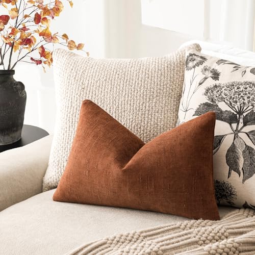 Image of Foindtower Pack of 2 Soft Textured Throw Decorative Pillow Covers Lumbar Accent Solid Cushion Cover Cozy Farmhouse Pillow Case with Zipper for Couch Sofa Bed Living Room 12x20 Inch, Burnt Orange