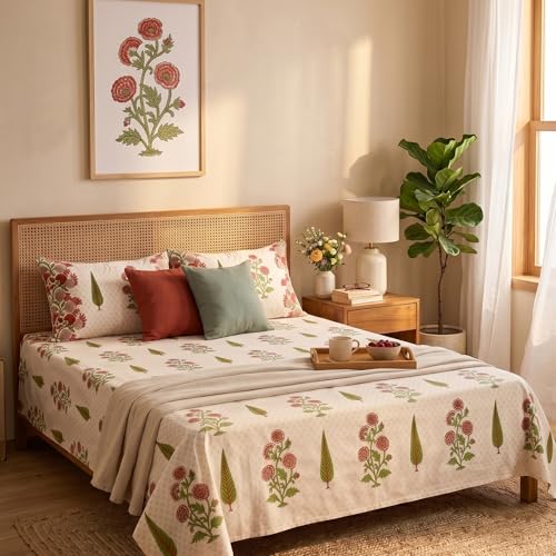 Image of Naksh Bedsheet for Double Bed King Size Floral Print 2 Pillow Covers | Bed Sheet Double Bed Soft Pink Floral Print | Delicate Pastel Design for King Size Bedrooms | Royal Sajawat Collection |