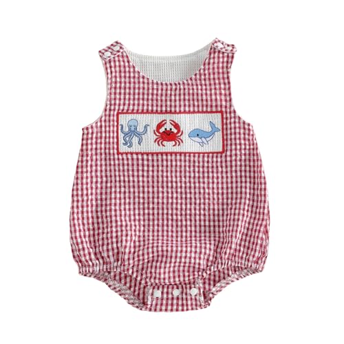 Rourufy Baby Boy Bubble Romper Sailboat Crab Whale Plaid Beach Onesie Newborn Vacation Boydsuit Top Toddler Summer Clothes (A Octopus Crab Whale Red 0-3 Months)