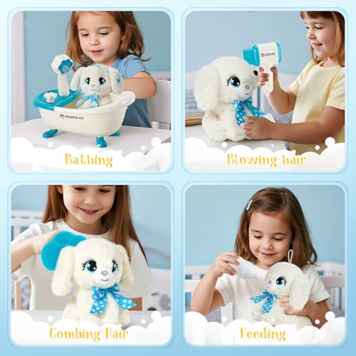 Toylink Hund Spielzeug Kinder, Hund Kuscheltier mit Drück-Wasser-Badewanne & Waschbaren Buntstifte, Kreatives Geschenk Mädchen 4 5 6 7 8 Jahre für Geburtstag Weihnachten