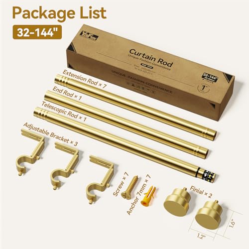 Image of YaFex Curtain Rods 32-144 Inch, Heavy Duty 1 Inch Adjustable Curtain Rod for Windows, Gold Extra Long Window Treatment Rods, Modern Design, Easy Installation