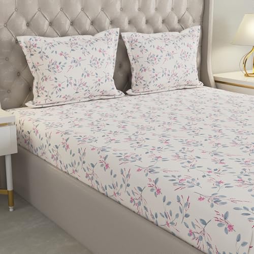 Image of Raymond Home 200TC Affair Cotton Rich Super Soft Floral Double Bedsheet (2.29 Mx2.54 M) with 2 Pillow Covers(46 CM x 69 CM) - White & Pink