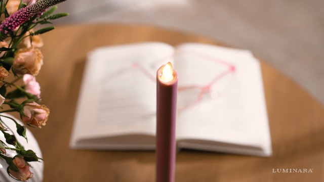 Image of Luminara Flameless Candle Taper (1 inch x 9.5 inch) Melted Top Real Wax Unscented Remote Ready Timer (Blooming Mauve)