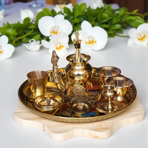 Image of Brass 9 Inch Minakari Pooja Thali Set With 10 Items Including Ghanti, Kalash, Udarni, Kuber Diya, Agarbati Stand, 2 Kumkum Bowls, Kapoor Aarti, 1 Glass and 1 Prasadam Plate | Weight : 670 Grams