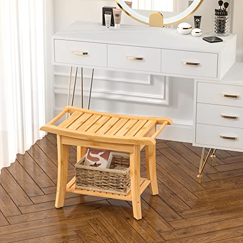 Bamboo Shower Bench Inside Shower Stool with Space-Efficient Storage Shelf, Shower Bath Chairs Spa Seats for Bathroom - Great for All Ages Unisex Elderly (Waterproof, Natural) - Thumbnail 4