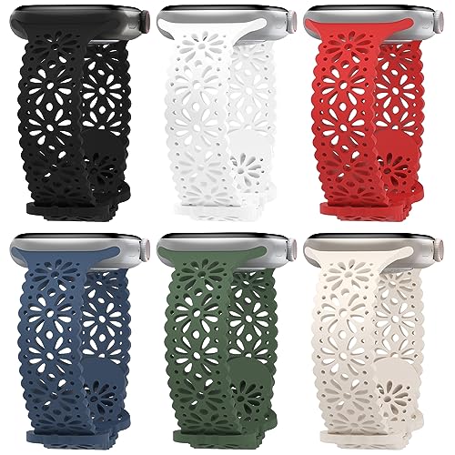 Eilesuny Paquete de 6 correas de silicona huecas de encaje compatibles con Apple Watch de 38mm 40mm 41mm 42mm 44mm 45mm 49mm, correas deportivas delgadas para iWatch Ultra SE Series 8/7/6/5/4/3/2/1,