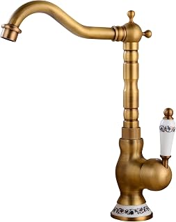 Grifo de cocina de latón antiguo grifería de lavabo de bronce retro monomando de fregadero de cocina giratoria de 360° grifo de baño con mango de cerámica