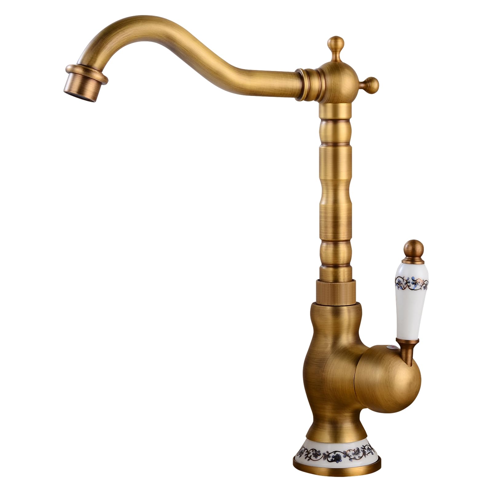 Grifo de cocina de latón antiguo grifería de lavabo de bronce retro monomando de fregadero de cocina giratoria de 360° grifo de baño con mango de cerámica