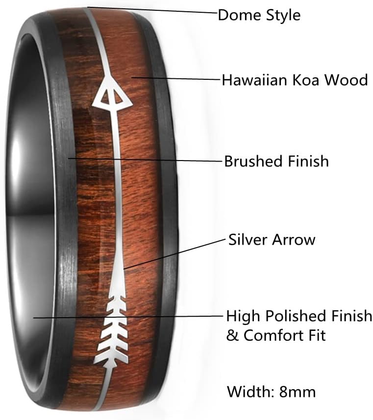 Vakki Hawaii Koa Wood Arrows Inlay Black Tungsten Rings for Men Wedding Promise Bands 8mm Vikings Hunting Rings Brushed Edge Domed Size 7-14 - Image 5