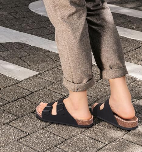 Image of ODOLY Unisex Comfortable Cork Footbed Slide Sandals with Arch Support | Adjustable Buckle, Lightweight Summer Sandals for Travel and Everyday Wear