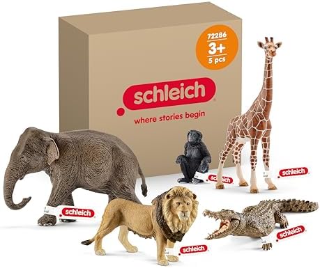 Schleich WILD Life | Wildtiere Set 72286 | ab 3 Jahren | 5 Teile | Spielset mit Löwe, Giraffe, Krokodil, Affe und Elefant | detailgetreue Spielfiguren | Zoo Spielzeug | exklusiv be