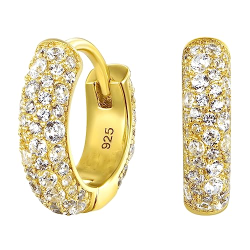 Yellow Gold Plated 925 Sterling Silver Hoop Earrings Flower Set 3d Fully Iced Cubic Zirconia CZ 12mm Unisex Ice Out Huggie Small Sparkle Silver Hoop Earrings Fine Jewelry Birthday Gifts for Men,Women