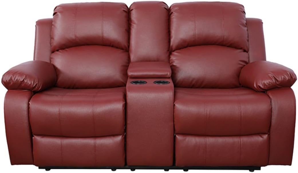 2 Seaters Recliner Loveseat, Leather Reclining Couch with Cup Holder and Center Console for Living Room/Apartment/Office, Red