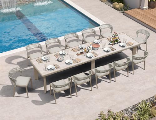 Image of PURPLE LEAF Outdoor Dining Set for 12 with Built-in Cushions Champagne