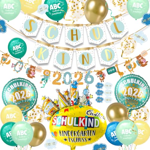 iZoeL SCHULKIND 2025 Deko Einschulung Junge Mädchen,SCHULKIND Girlande + 2025 Tier Girlande + SCHULKIND Folienballon + 15 Luftballon + 16 Konfetti Schulanfang Schuleinführung Deko