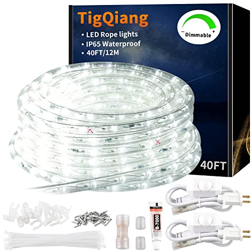TigQiang 40ft LED Rope Lights, Dimmable Indoor Outdoor Rope Lights, Waterproof, 432 Daylight White LEDs, Flexible Connectable Cuttable, 110V 6000K, for Bedroom Garden Patio Stairs Balcony Party