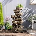 Wood Waterfall Fountain Outdoor 5 Tiers Large Cascading Rock Waterfall Fountain Outdoor Fountain Resin Imitation Wood with LED Lights for Garden, Patio, Porch, Home Art Decor