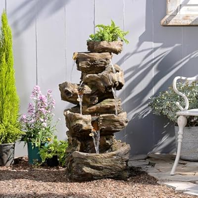 Wood Waterfall Fountain Outdoor 5 Tiers Large Cascading Rock Waterfall Fountain Outdoor Fountain Resin Imitation Wood with LED Lights for Garden, Patio, Porch, Home Art Decor