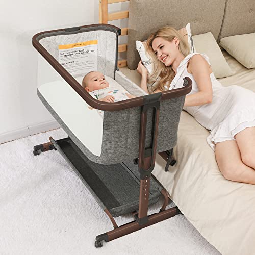 Image of AMKE 3 in 1 Baby Bassinets,All-mesh Bedside Sleeper ,Baby Cradle with Storage Basket, Easy to Assemble for Newborn/Infant, Adjustable Bedside Crib,Safe Bed,Travel Bag Included
