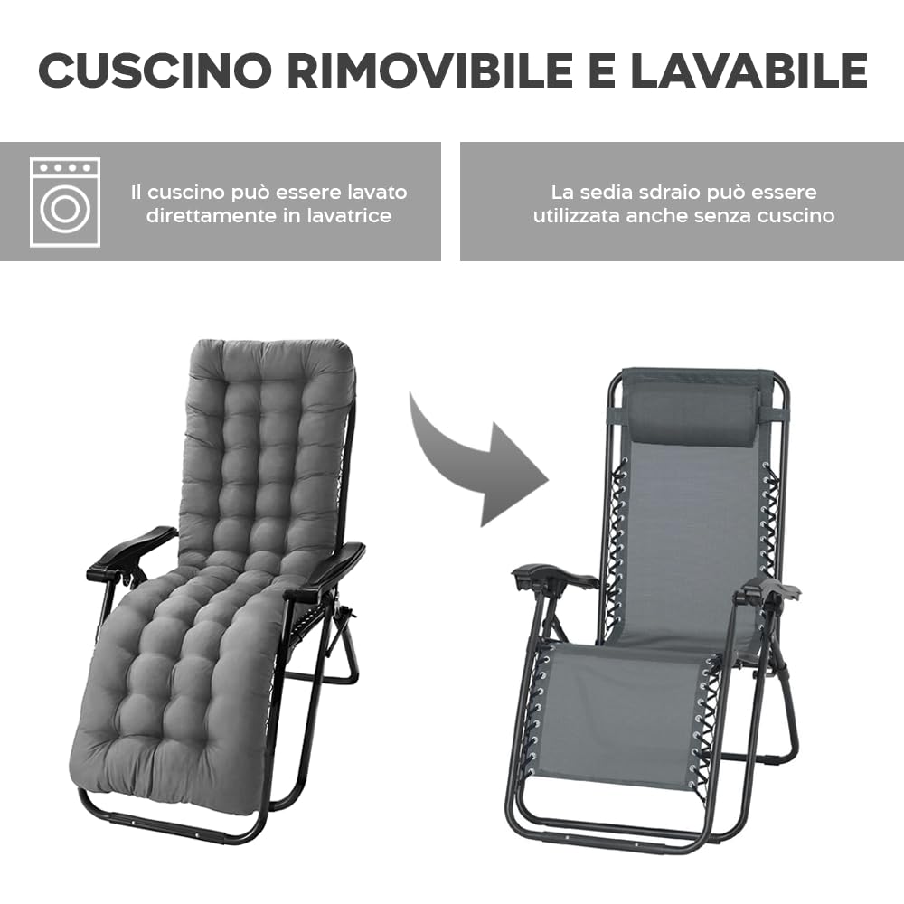 Mediawave Store - Sedia Sdraio Gravità Zero, Sedia Pieghevole con Cuscino Imbottito, Sedia con Schienale Reclinabile, Sedia Giardino, Acciaio, Textilene, Richiudibile, Sedia Gravity (1, Grigio)