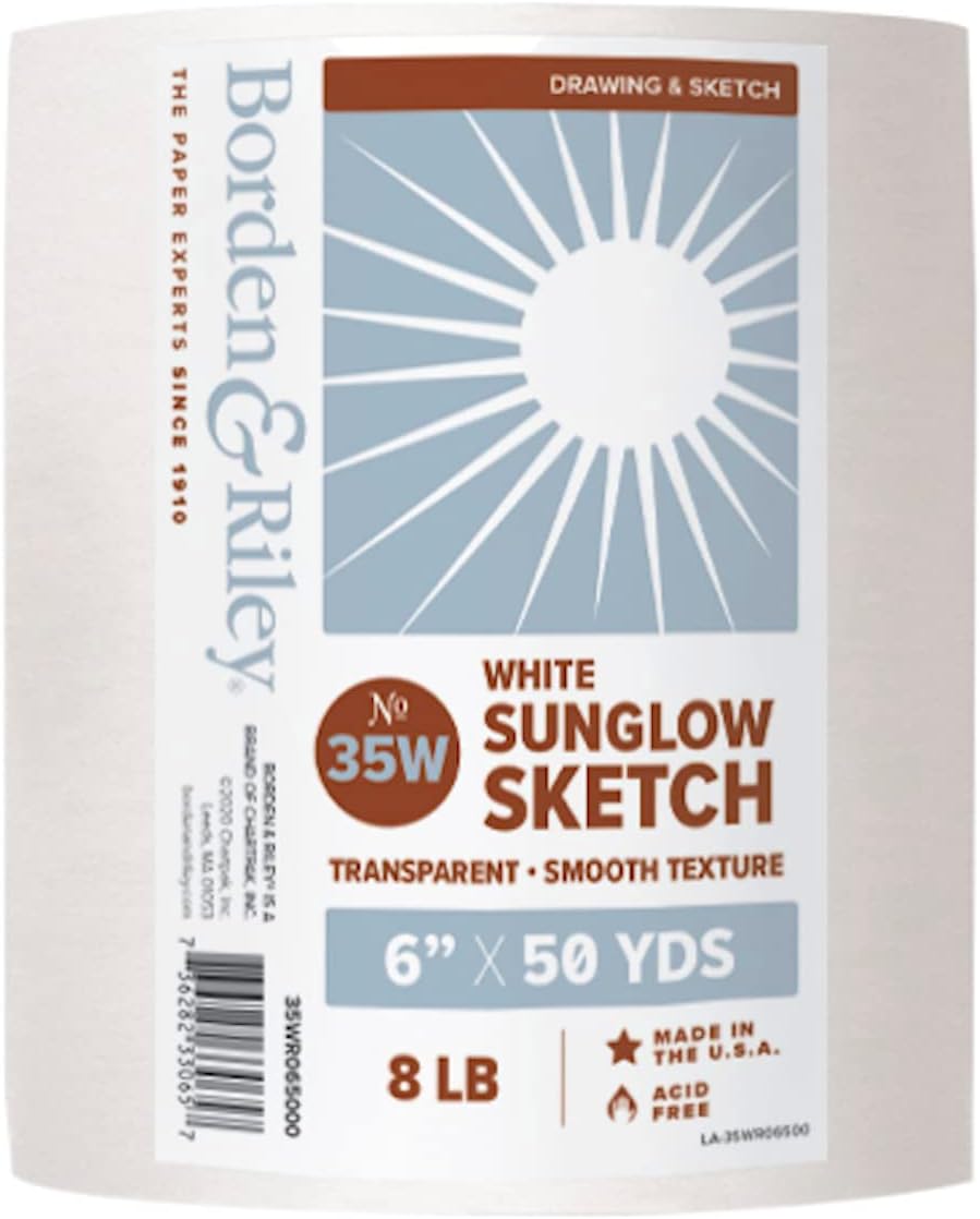 Borden & Riley 6" x 50 Yards #35W Sun-Glo Thumbnail Sketch Paper, 8 lb, White, 1 Roll Each