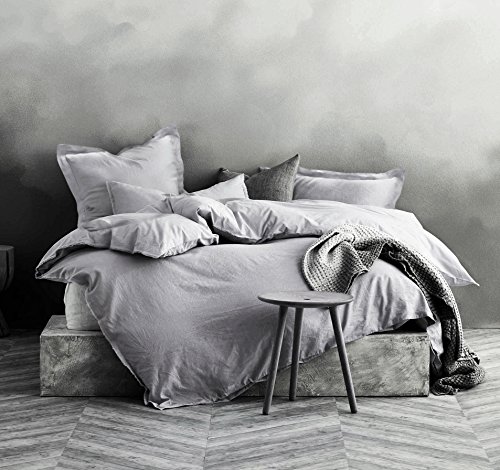 Eikei Washed Cotton Chambray Duvet Cover Solid Color Casual Modern Style Bedding Set Relaxed Soft Feel Natural Wrinkled Look (King, Barely Lilac)