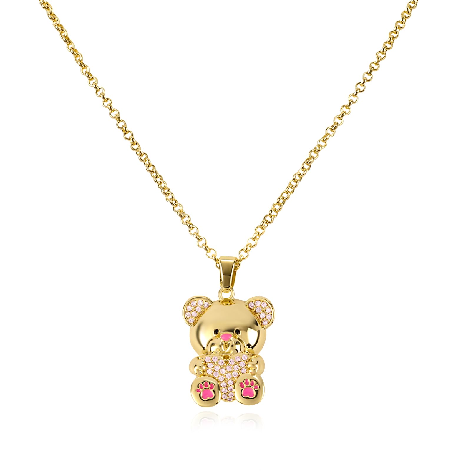 Miss Rabbit Cute Gold Bear Necklace for Women Sparkly Pink Crystal Heart Bear Pendant Necklace Adjustable Chain Sweet Gold Plated Teddy Bear Charm Choker Necklace Party Jewelry Gift for Her