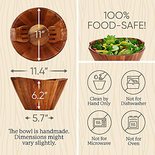 Large wood salad bowl with serving forks mixing, wooden salad bowl set for food or fruits, magnetic utensils fit for 6–8 servings, ideal for family meals or as a unique gift - Image 3