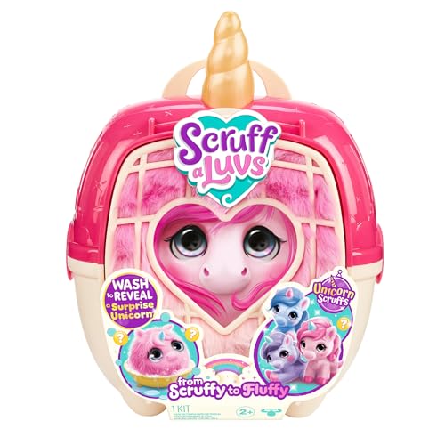 ScruffaLuvs Unicorn Scruffs - Purple - Plush Toy 19cm Tall - Wash to Reveal 1 of 4 Unicorns with a special horn- Includes 28cm Deluxe Pet Carrier with Gold Horn Nurturing Care & Play Gift for Kids