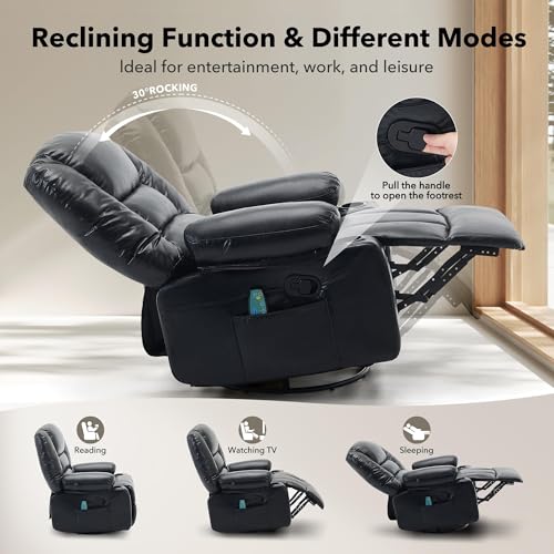 Image of Oversized Manual Swivel Recliner Chair for Adults, 360 Swivel Rocker Glider with Vibration Massage & Heat, Extra Wide Chenille Fabric Lazy Chair for Living Room Bedroom, Black PU