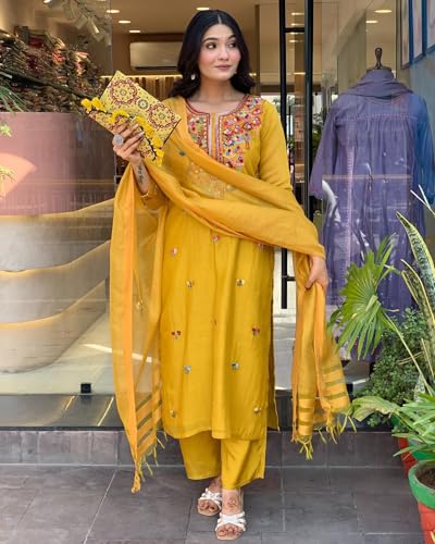 Image of ANNI Designer Women's Rayon Viscose Embroidered Straight Kurta with Pant & Dupatta