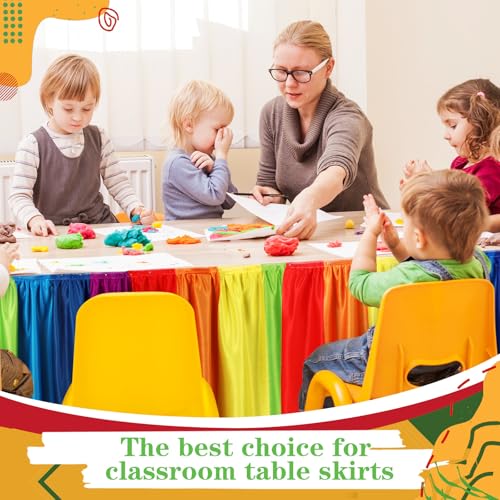 Image of Oudain 14 ft Rainbow Table Skirt Cloths for Teacher Desk Boho Colorful Wrinkle Rainbow Table Cover Skirt for Kindergarten Classroom Kidney Shaped Desk Back to School Supplies
